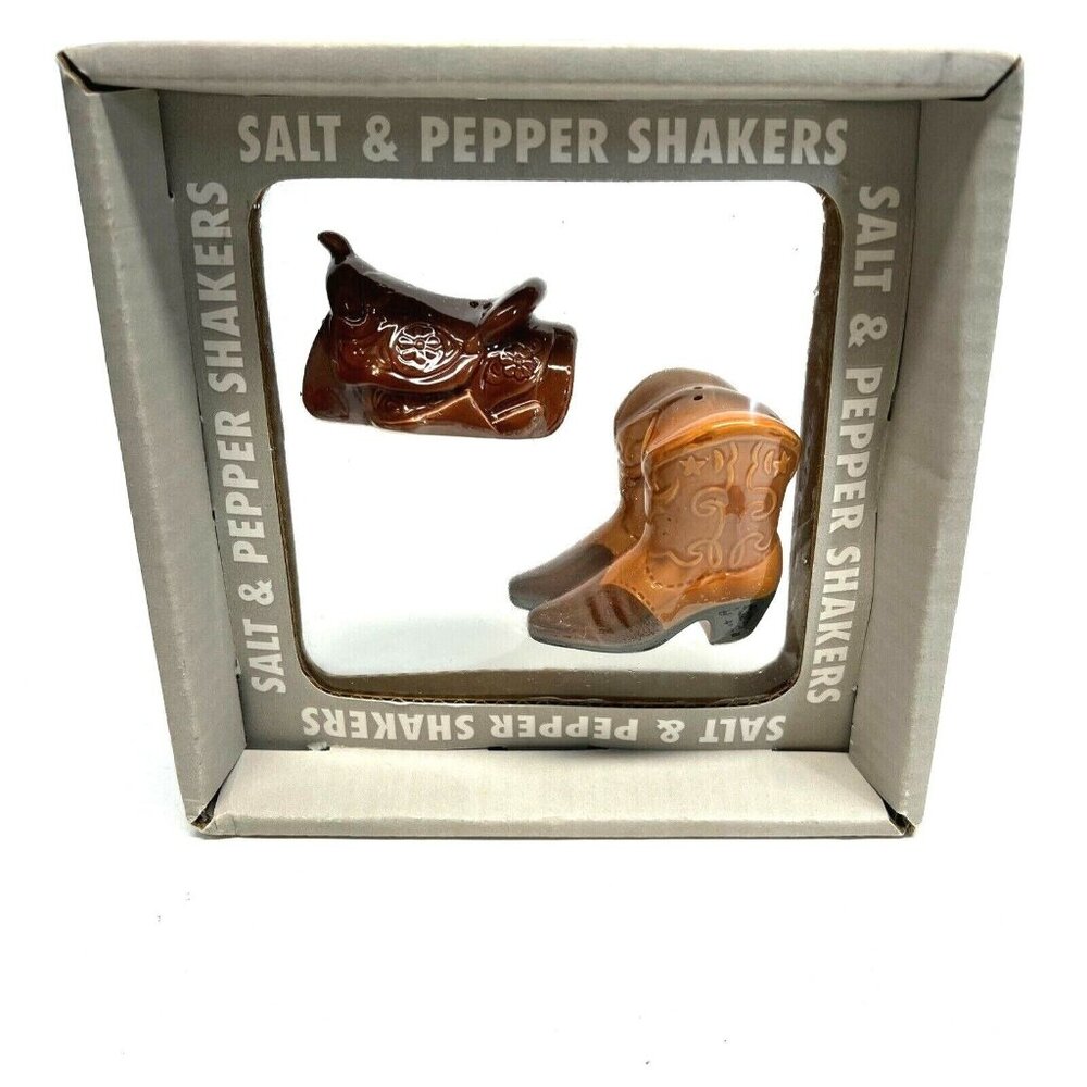 Vtg 1991 Five and Dime Ceramic Western Boot, Saddle Salt and Pepper Shakers NEW